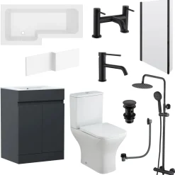 Dylan Complete Matt Black Bathroom Suite with 1700mm L Shaped Shower Bath & Rimless Toilet
