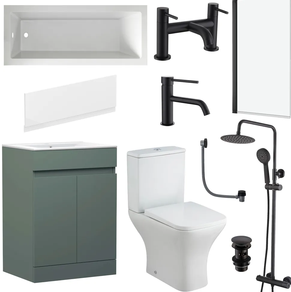 Dylan Complete Matt Black Bathroom Suite with Reinforced Shower Bath & Rimless Toilet