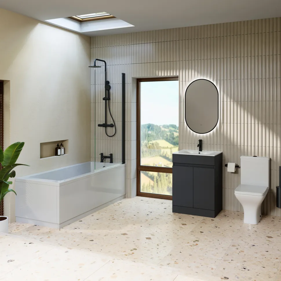 Dylan Complete Matt Black Bathroom Suite with Reinforced Shower Bath & Rimless Toilet