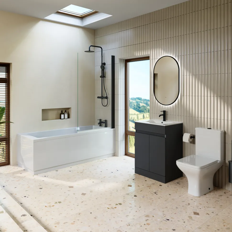 Dylan Complete Matt Black Bathroom Suite with Reinforced Shower Bath & Rimless Toilet
