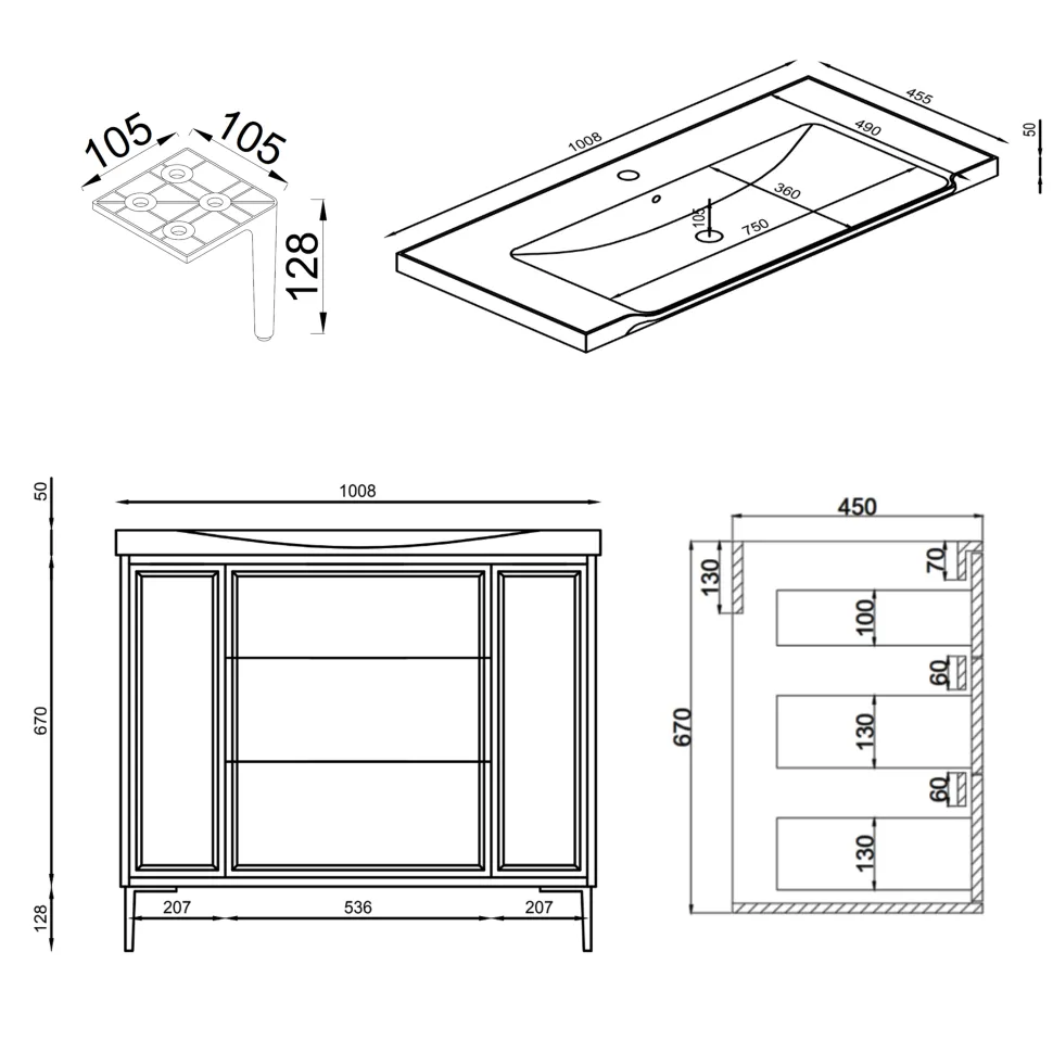 Elara 1000mm Floorstanding Stone Fluted Vanity Unit & Basin with Leg Set