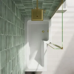 Emily Complete Brushed Brass Bathroom Suite with 1700mm L Shaped Shower Bath & Rimless Toilet