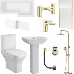 Emily Complete Brushed Brass Bathroom Suite with 1700mm L Shaped Shower Bath & Rimless Toilet