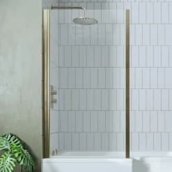 Emily Complete Brushed Brass Bathroom Suite with 1700mm L Shaped Shower Bath & Rimless Toilet