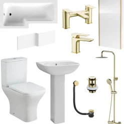 Emily Complete Brushed Brass Bathroom Suite with 1700mm L Shaped Shower Bath & Rimless Toilet