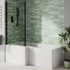 Emily Complete Matt Black Bathroom Suite with 1700mm L Shaped Shower Bath & Rimless Toilet