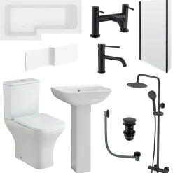 Emily Complete Matt Black Bathroom Suite with 1700mm L Shaped Shower Bath & Rimless Toilet
