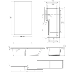 Emily Complete Matt Black Bathroom Suite with 1700mm L Shaped Shower Bath & Rimless Toilet