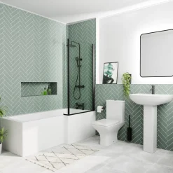 Emily Complete Matt Black Bathroom Suite with 1700mm L Shaped Shower Bath & Rimless Toilet