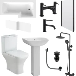 Emily Complete Matt Black Bathroom Suite with 1700mm L Shaped Shower Bath & Rimless Toilet