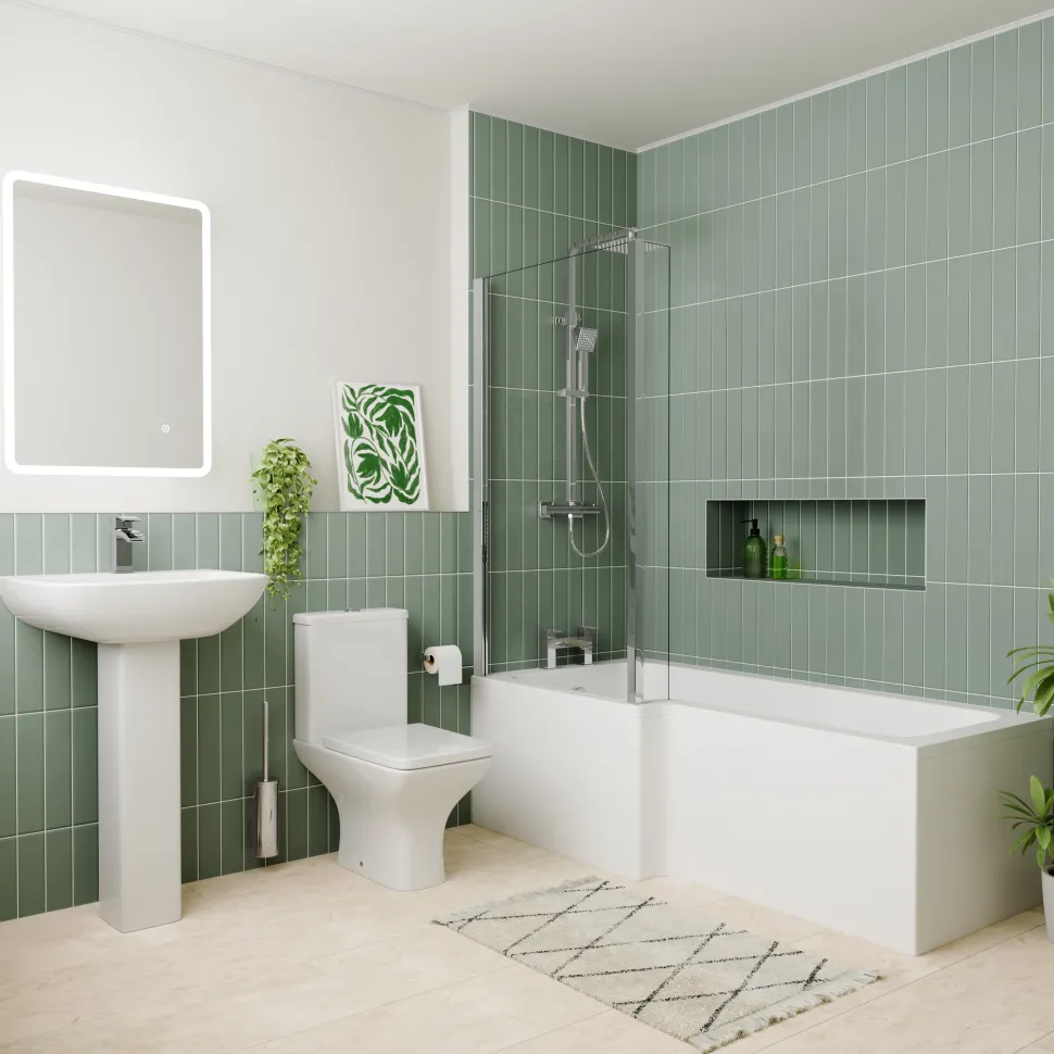 Emily Complete Modern Bathroom Suite with 1700mm L Shaped Shower Bath & Rimless Toilet