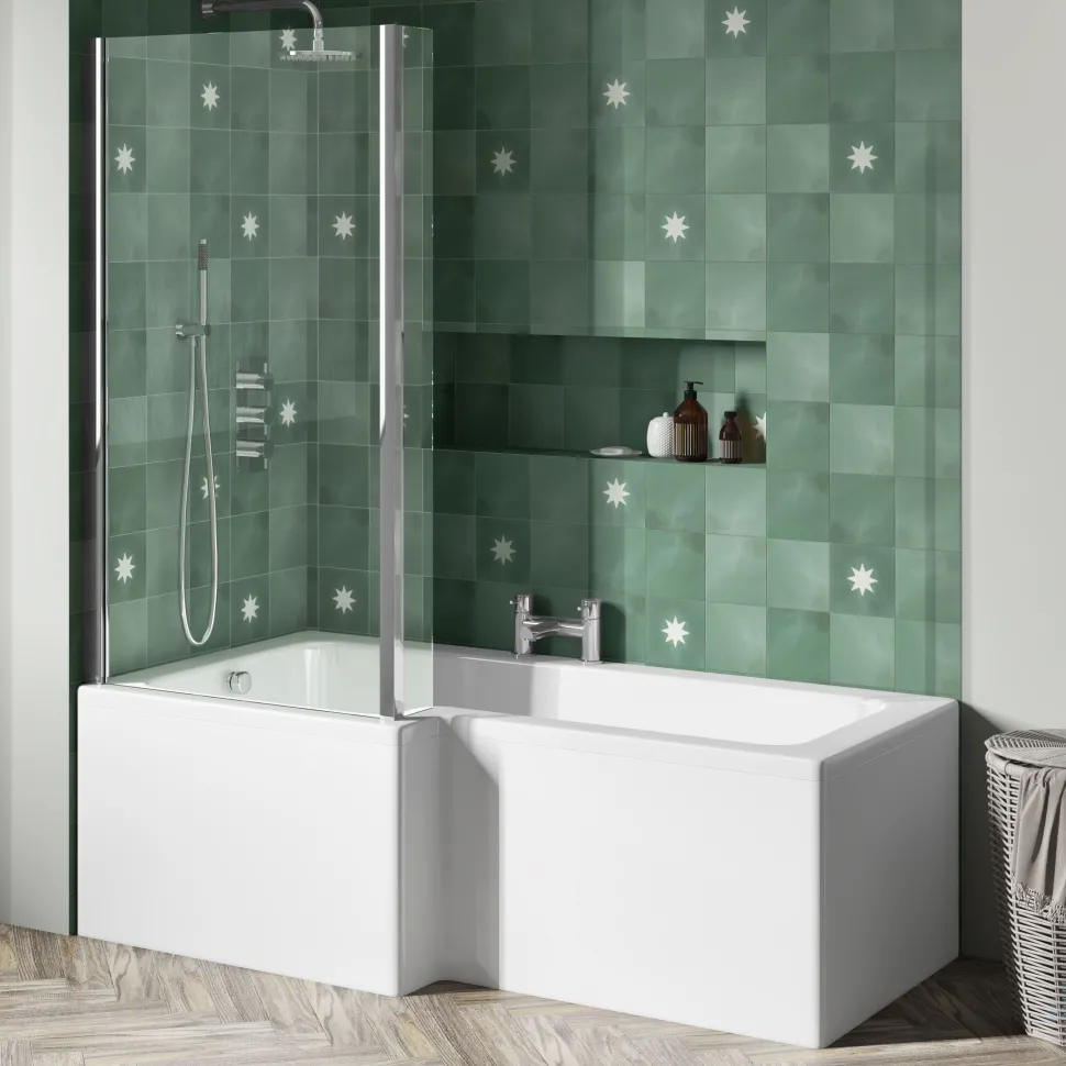Emily Complete Modern Bathroom Suite with 1700mm L Shaped Shower Bath & Rimless Toilet