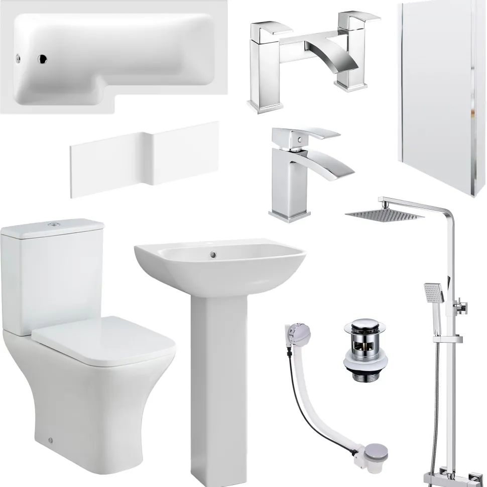 Emily Complete Modern Bathroom Suite with 1700mm L Shaped Shower Bath & Rimless Toilet