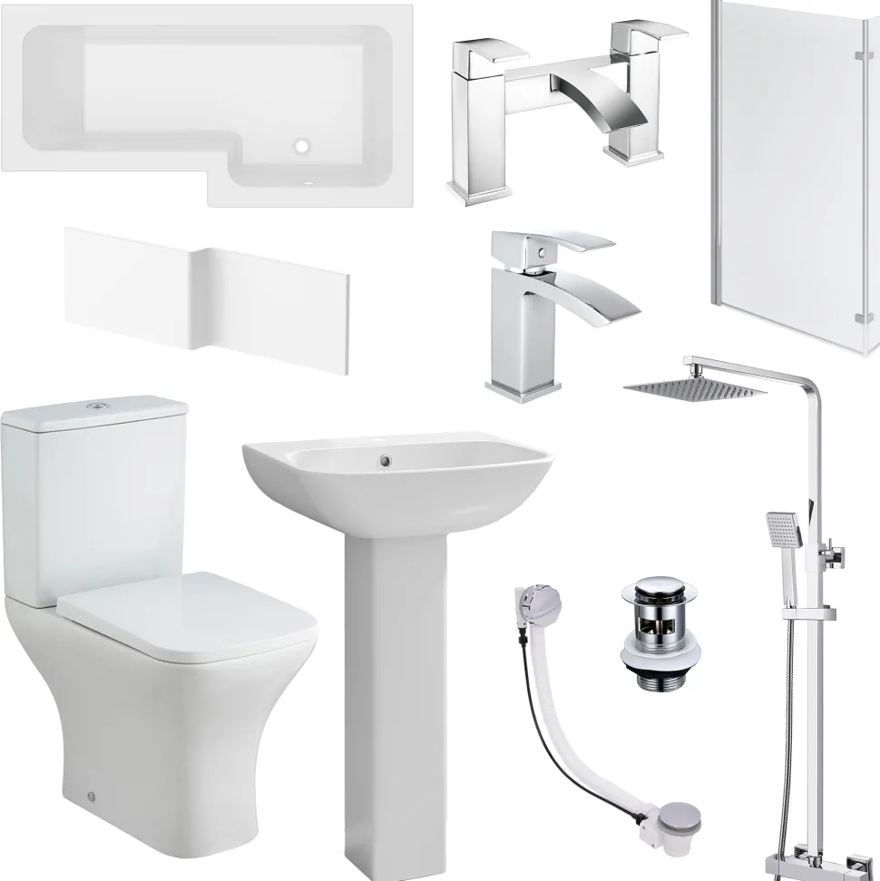 Emily Complete Modern Bathroom Suite with 1700mm L Shaped Shower Bath & Rimless Toilet