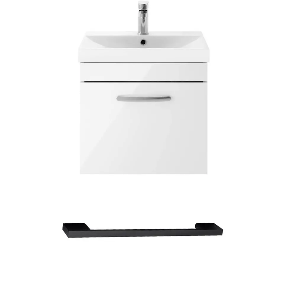 Emily Gloss White Wall Mounted 1 Drawer Vanity Unit, Thin-Edged Basin, Matt Black Handle & Overflow
