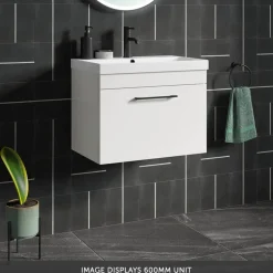 Emily Gloss White Wall Mounted 1 Drawer Vanity Unit, Thin-Edged Basin, Matt Black Handle & Overflow