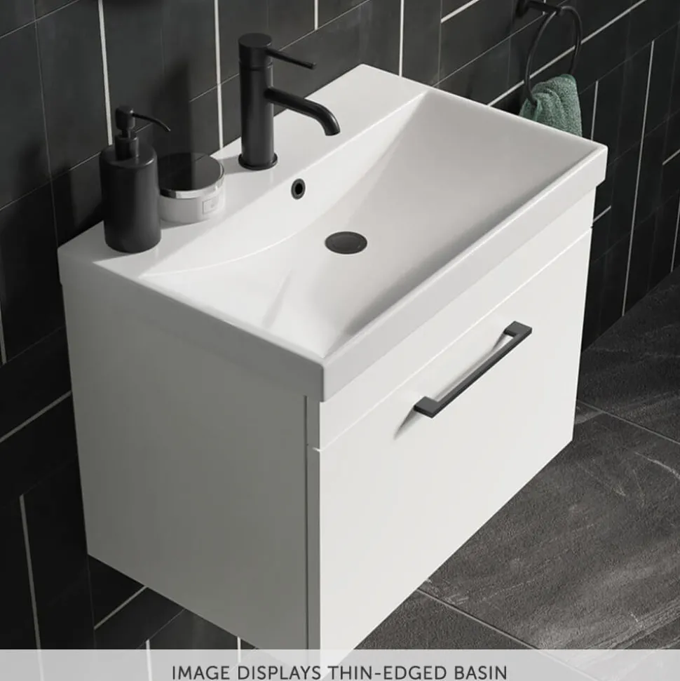 Emily Gloss White Wall Mounted 1 Drawer Vanity Unit, Thin-Edged Basin, Matt Black Handle & Overflow