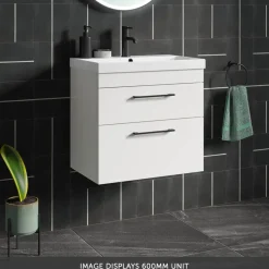Emily Gloss White Wall Mounted 2 Drawer Vanity Unit, Thin-Edged Basin, Matt Black Handles & Overflow