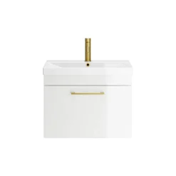 Emily Gloss White Wall Mounted 1 Drawer Vanity Unit, Thin-Edged Basin, Brushed Brass Handle & Overflow