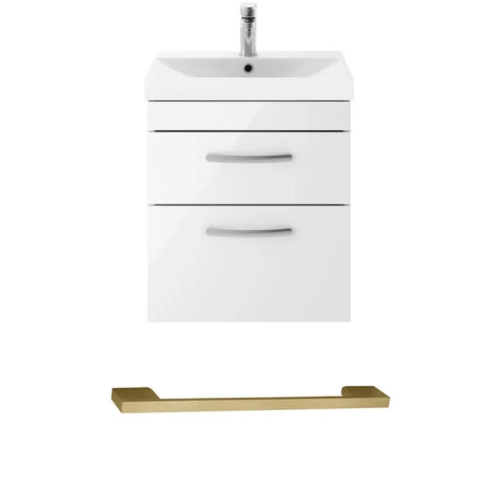 Emily Gloss White Wall Mounted 2 Drawer Vanity Unit, Thin-Edged Basin, Brushed Brass Handles & Overflow