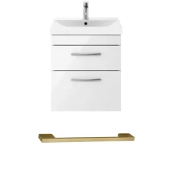 Emily Gloss White Wall Mounted 2 Drawer Vanity Unit, Thin-Edged Basin, Brushed Brass Handles & Overflow