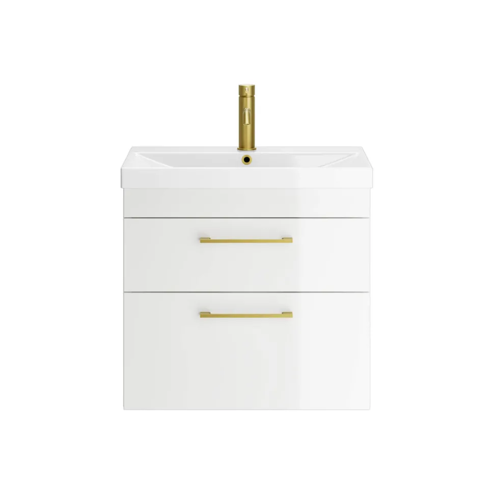 Emily Gloss White Wall Mounted 2 Drawer Vanity Unit, Thin-Edged Basin, Brushed Brass Handles & Overflow