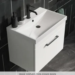 Emily Gloss White Wall Mounted 2 Drawer Vanity Unit, Thin-Edged Basin, Brushed Brass Handles & Overflow