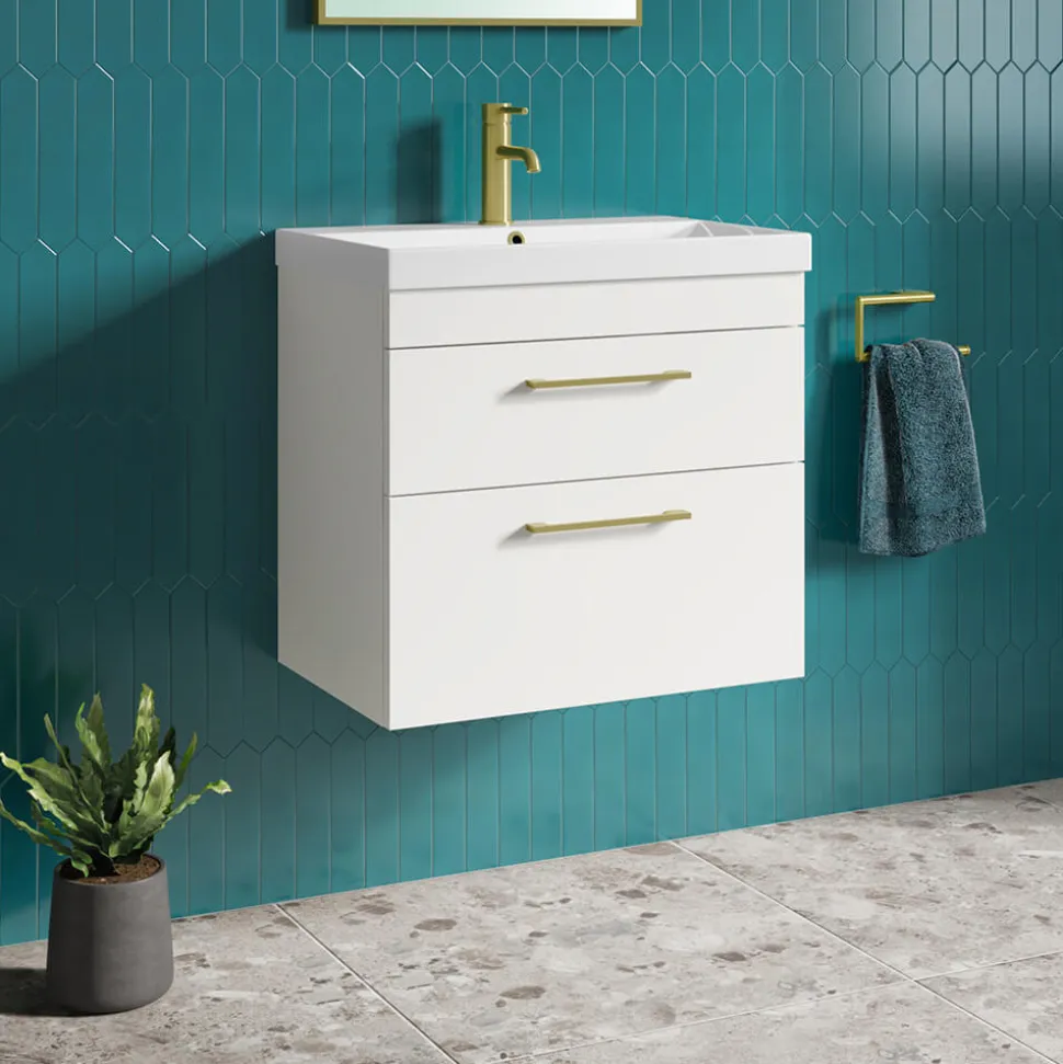 Emily Gloss White Wall Mounted 2 Drawer Vanity Unit, Thin-Edged Basin, Brushed Brass Handles & Overflow