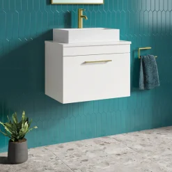 Emily Gloss White Wall Mounted 1 Drawer Vanity Unit and Countertop with Brushed Brass Handle