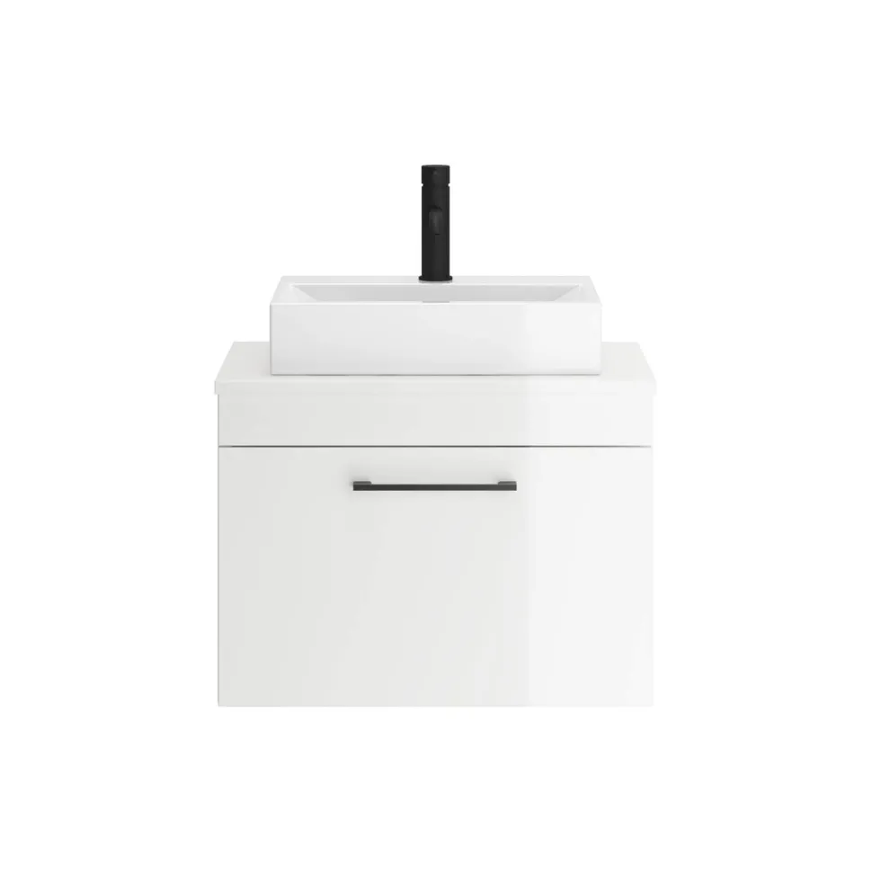 Emily Gloss White Wall Mounted 1 Drawer Vanity Unit and Countertop with Matt Black Handle