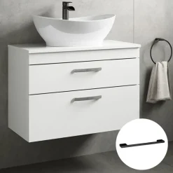 Emily Gloss White Wall Mounted 2 Drawer Vanity Unit and Countertop with Matt Black Handles