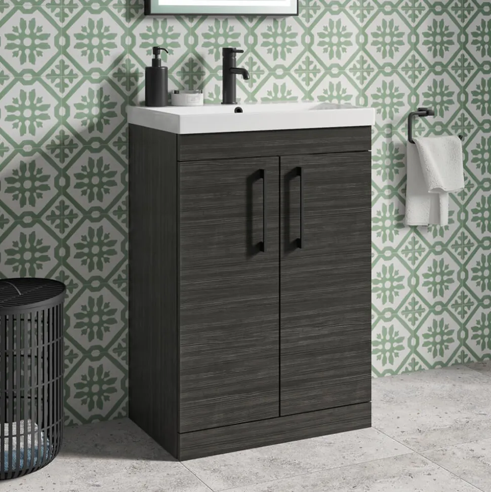 Emily Hacienda Black Floorstanding 2 Door Vanity Unit, Thin-Edged Basin, Matt Black Handles & Overflow