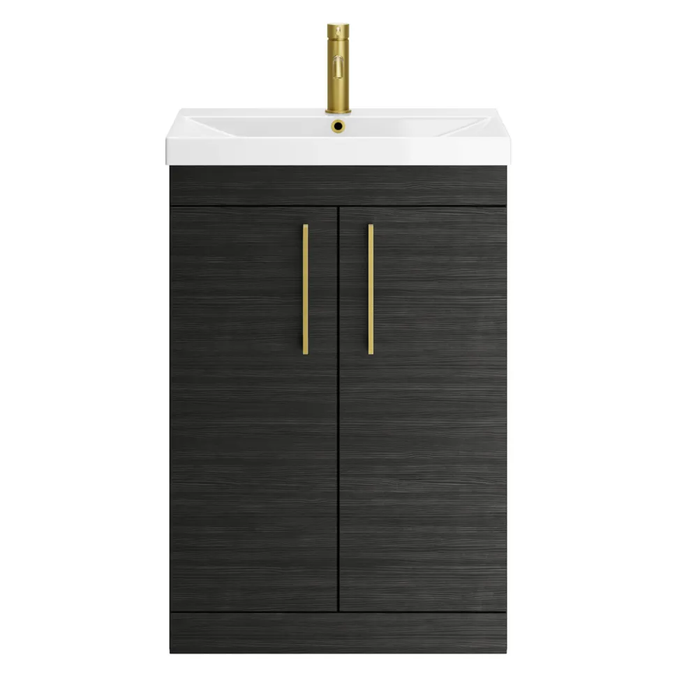 Emily Hacienda Black Floorstanding 2 Door Vanity Unit, Thin-Edged Basin, Brushed Brass Handles & Overflow