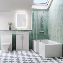 Emily L Shaped Shower Bath Suite with Rimless Back to Wall Toilet & 1700mm Bath