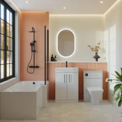 Emily Matt Black L Shaped Shower Bath Suite with Rimless Back to Wall Toilet & 1700mm Bath