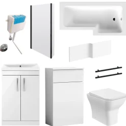 Emily Matt Black L Shaped Shower Bath Suite with Rimless Back to Wall Toilet & 1700mm Bath