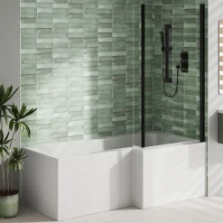 Emily Matt Black L Shaped Shower Bath Suite with Rimless Back to Wall Toilet & 1700mm Bath