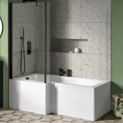 Emily Matt Black Shower Bath Suite with 1700mm L Shaped Bath & Rimless Toilet