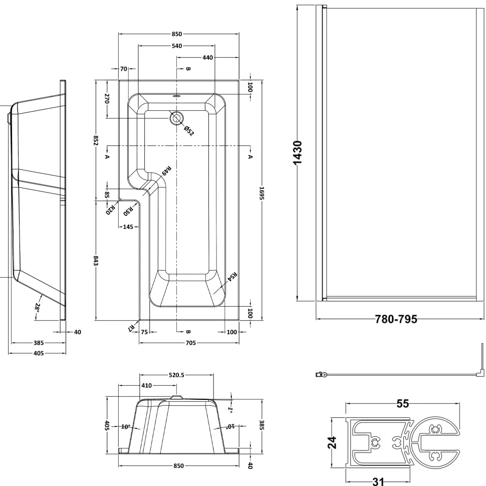 Emily Matt Black Shower Bath Suite with 1700mm L Shaped Bath & Rimless Toilet