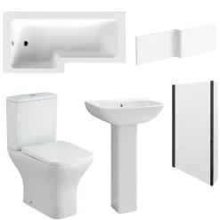 Emily Matt Black Shower Bath Suite with 1700mm L Shaped Bath & Rimless Toilet