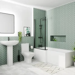 Emily Matt Black Shower Bath Suite with 1700mm L Shaped Bath & Rimless Toilet