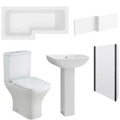 Emily Matt Black Shower Bath Suite with 1700mm L Shaped Bath & Rimless Toilet