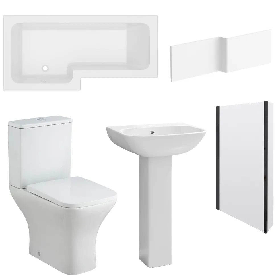 Emily Matt Black Shower Bath Suite with 1700mm L Shaped Bath & Rimless Toilet