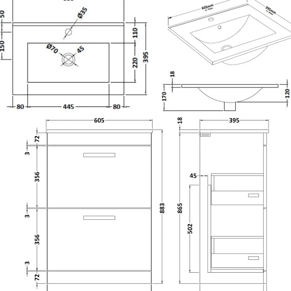 Emily 600mm Floorstanding 2 Drawer Vanity Unit & Basin Options