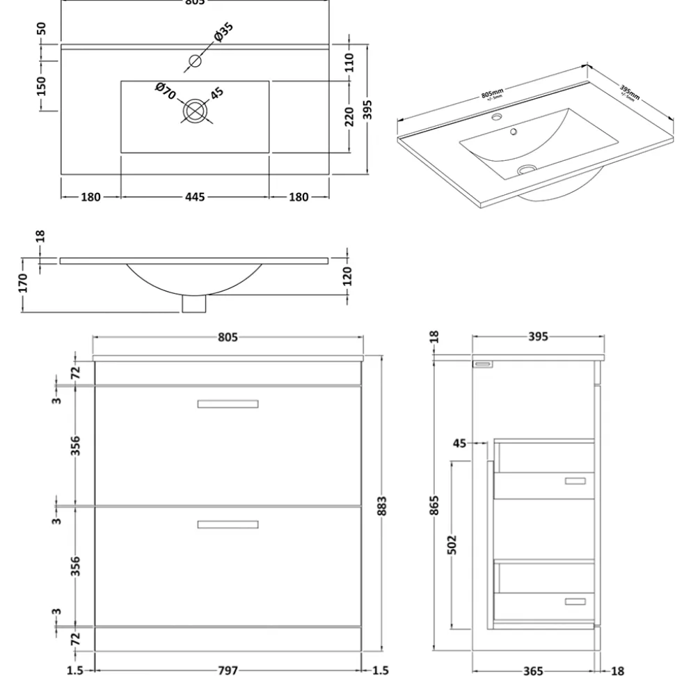 Emily 800mm Floorstanding 2 Drawer Vanity Unit & Basin Options
