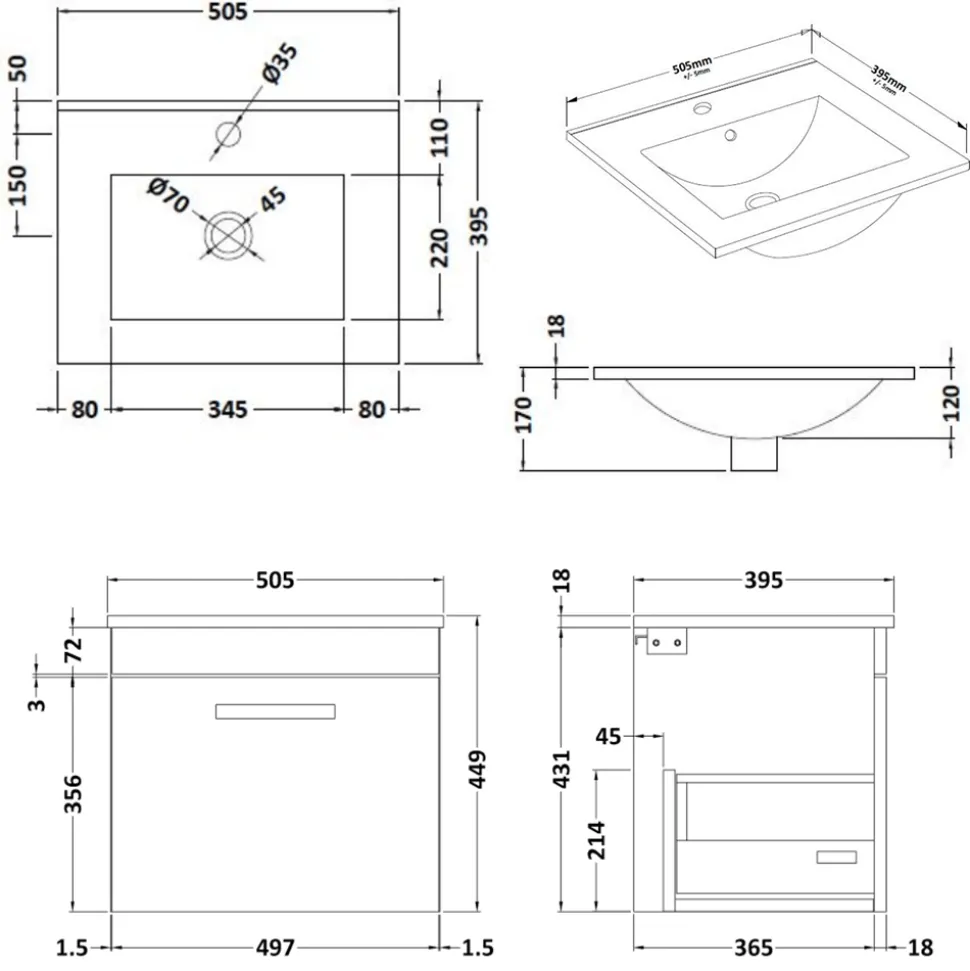 Emily 500mm Wall Mounted 1 Drawer Vanity Unit & Basin Options