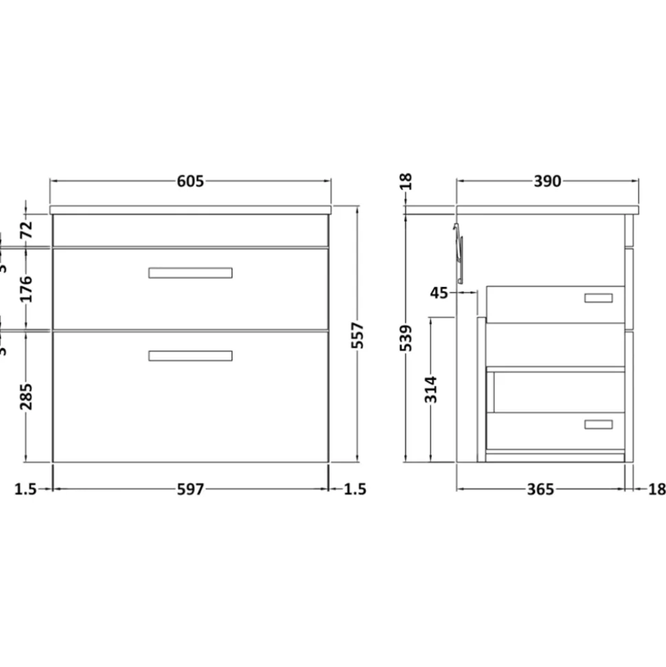 Emily 600mm Wall Mounted 2 Drawer Vanity Unit & Basin Options