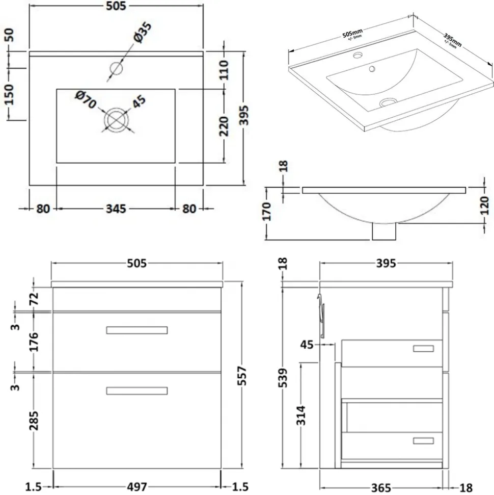 Emily 500mm Wall Mounted 2 Drawer Vanity Unit & Basin Options
