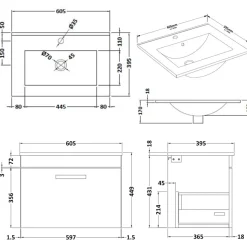 Emily 600mm Wall Mounted 1 Drawer Vanity Unit & Basin Options