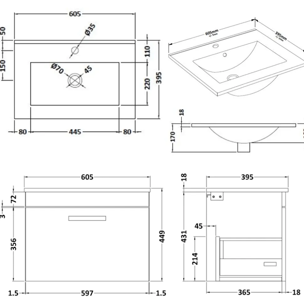 Emily 600mm Wall Mounted 1 Drawer Vanity Unit & Basin Options